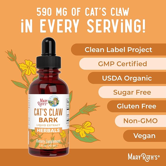 MaryRuth Organics Cat's Claw Herbal Liquid Drops | 2 Month Supply | Unflavored Cats Claw Tincture | Uncaria tomentosa | Non-GMO Project Verified | Vegan | Gluten Free | Sugar Free | 1 Fl Oz