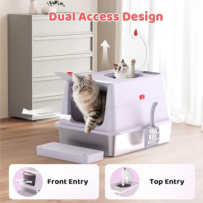 Stainless Steel Cat Litter Box with Lid, 180° Flip Top Kitty Litterbox, XL High Sided Enclosure Litter Pan for Big Cats, Front & Top Entry, Anti-Leakage, Odor-Free, Includes Scoop Mat, Purple