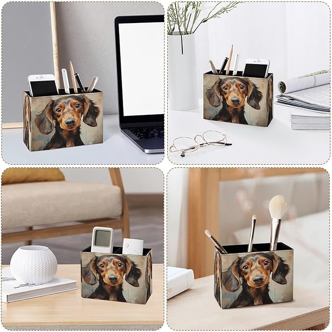 Famame Watercolor Dachshund Dog Pencil Holder for Desk, Leather Desktop Container Pen Cup Storage Study Table Pen Organizer Makeup Brush Holder for Classroom Office Home