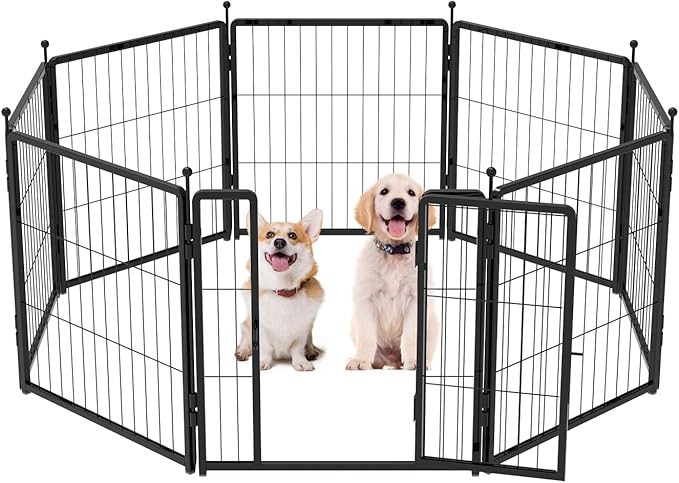 Dog Playpen 24 inch 8 Panels for Indoor & Outdoor Use – Heavy-Duty Metal Pet Fence with Ground Stakes, Rounded Ball Tops for Safety, Stable & Foldable Design, Easy to Assemble