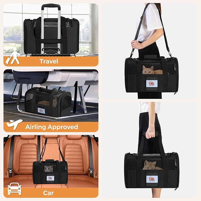 FOORLON Cat Carrier Soft for Pets Up to 15 Lbs, Cat Travel Bag with Padded Shoulder Strap and Detachable Cat Food Bowl, Pet Dog Carriers for Small Dogs Travel Puppy Carry Airline Approved, Black