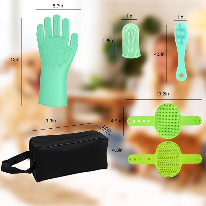 MIYIJHY 7-Piece Pet Grooming Kit with Storage Bag | Portable Bathing Set for Dogs & Cats | Includes Silicone Gloves, Deshedding Brushes & Finger Toothbrushes | All-in-One Pet Care (Sage Green)