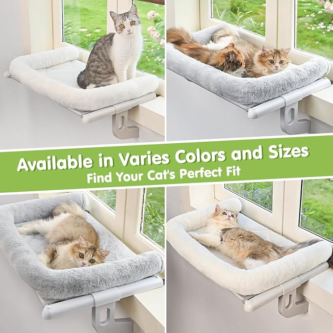 Zoratoo Cat Window Sill Perch with Large Bolster, Easy to Adjust & Assemble Cat Window Seat for Windowsill & Bedside, Pet Hammock Bed for Large Cats and Kittens (Grey, L)