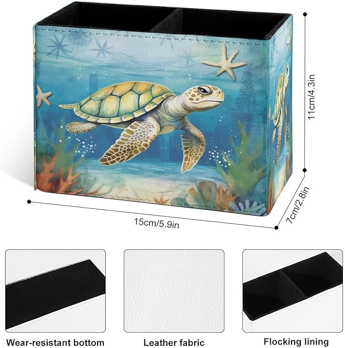 Famame Vintage Ocean Sea Turtle Starfish Pencil Holder for Desk, Leather Desktop Container Pen Cup Storage Study Table Pen Organizer Makeup Brush Holder for Classroom Office Home