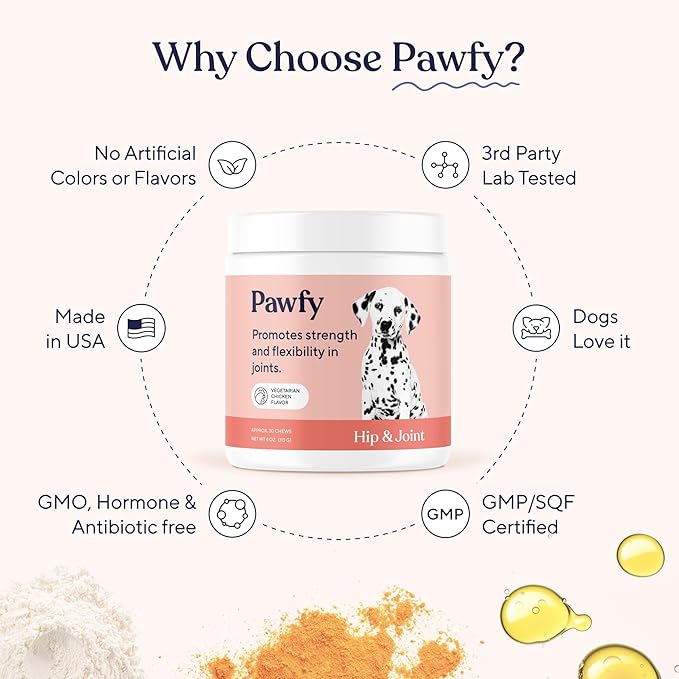 Pawfy Hip & Joint Supplement for Dogs with MSM & Vitamins | Glucosamine Chondroitin for Small, Medium & Large Breed - Supports Mobility & Bones | Glucosamine for Dogs with Omega 3-30 Chews