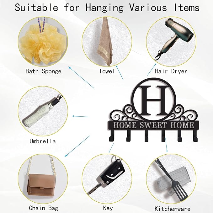 Metal Letter H Key Holder for Wall, Monogram Coat Rack Wall Mount, Key Hooks Perfect for Bathroom, Living Room, Kitchen, Office Ideal Wedding, Anniversary, Housewarming Gift (H)