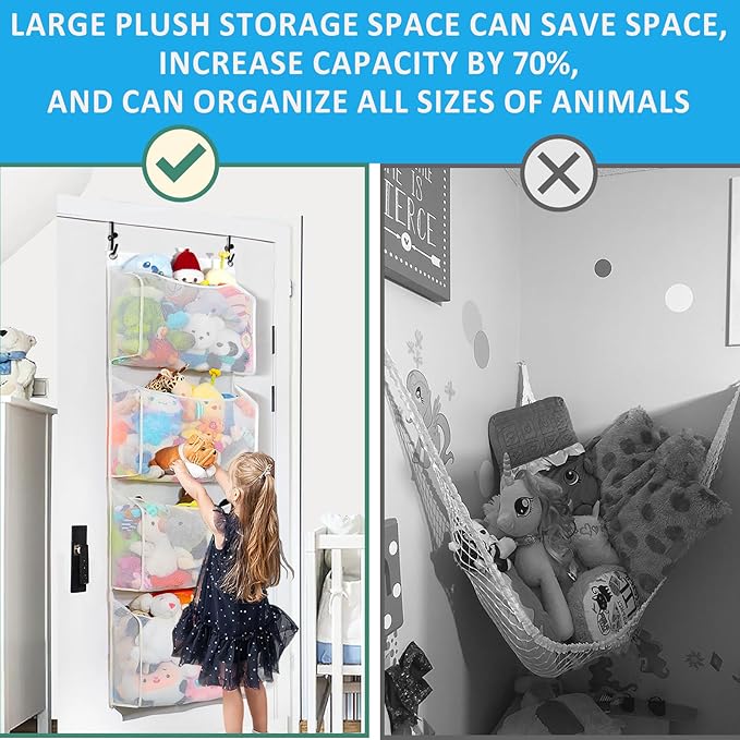 Toread Upgraded Over the Door Stuffed Animal Organiser – Original Design & Patented, Adjustable No-Damage Hooks, Stuffy storage 3D Design with 50% More Capacity, Perfect for Stuffed Animal Storage