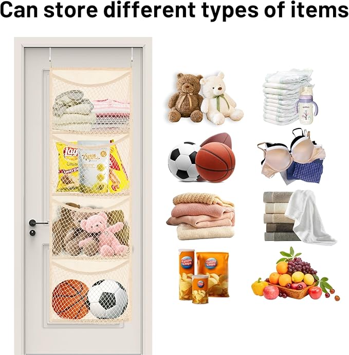 Over The Door Stuffed Animal Storage, Cotton Toy Organizer for Storage Plush Toys,Baby Supplies, Stuffed Animal Holder with 4 Large Pockets, Hanging Door Organizer for Nursery, Bedroom, Kids Room