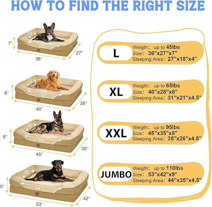 Orthopedic XL Large Dog Bed - Removable Bolster & Waterproof Washable Cover for Pet Extra Large Bed with Foam Support Non-Slip Bottom Dog Beds