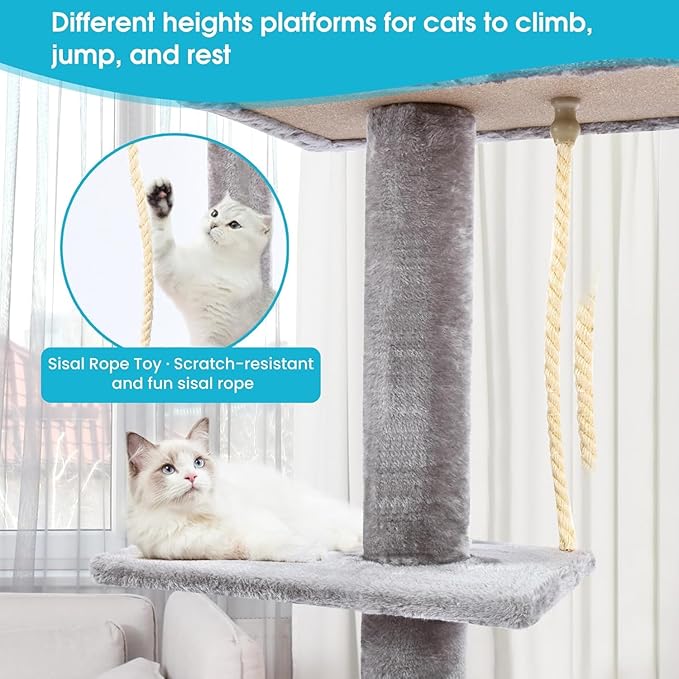 Cat Tree 5-Tier Floor to Ceiling Cat Tower with Cozy Hammock, 89-109 Inch Adjustable Height, Sisal Cat Scratching Post Provide Cats Vertical Enrichment to Jump and Climb, Gery