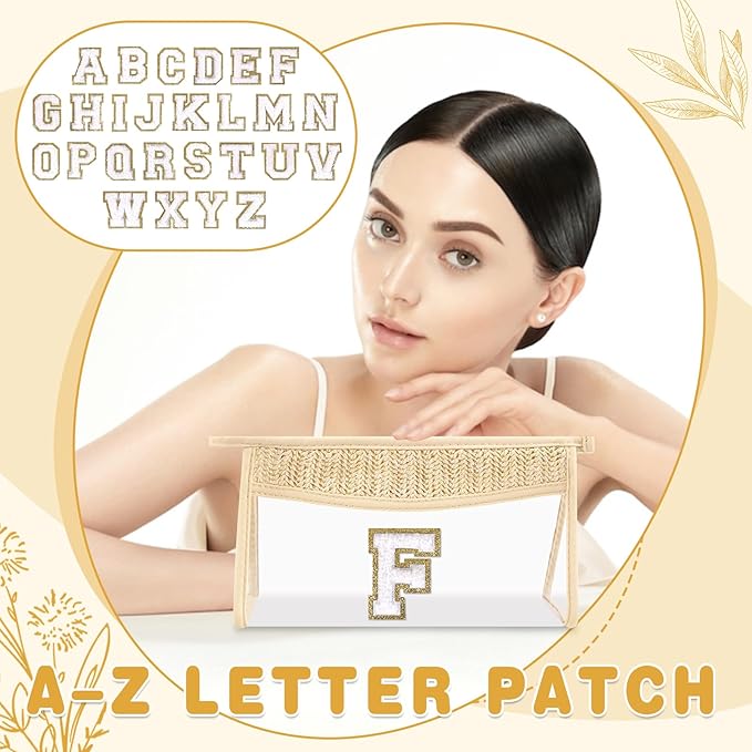 Personalized Initial Letter Bag Boho Straw Clear Makeup Bag,Small Cute Chenille Varsity Letter Bag With Zipper,Beach Travel Toiletry Bag,Portable Monogrammed Cosmetic Bag for Women Girls,F