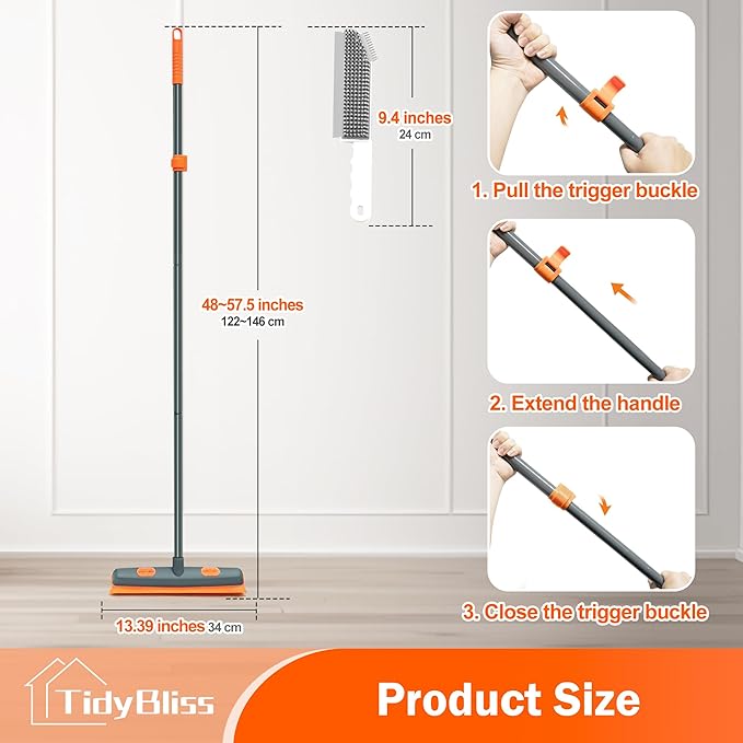 TidyBliss Pet Hair Removal Broom, 57.5 inches Rubber Brush Carpet Rake with Silicone Squeegee, Fur Remover Tool with Detailing Lint Comb for Cleaning Rug, Tile, Hardwood Floor (Gray Orange)