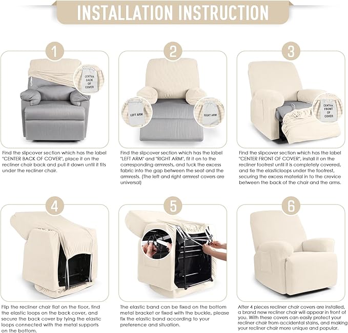 TAOCOCO Recliner Cover 4-Pieces, Recliner Stretch Sofa Slipcover, Recliner Cover 1 Seat, Couch Protector Soft, Furniture Protector Covers with Elastic,Chair Covers Jacquard Pattern (Beige)
