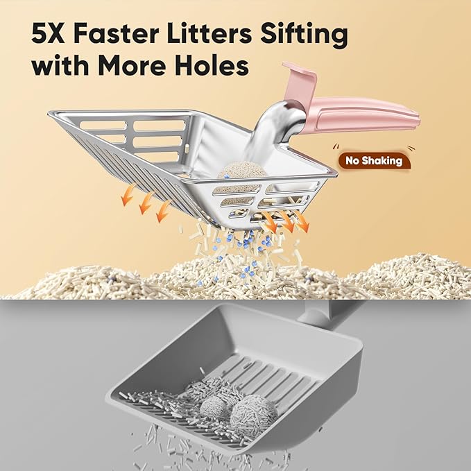 KooMooM Metal Cat Litter Scoop, Large Cat Scooper with Deep Shovel & Dual Sifting Holes for Fast & Precise Sifting, Space Aluminum Kitty Litter Scooper with Long Handle & Easy-to-Hang Hook - Pink