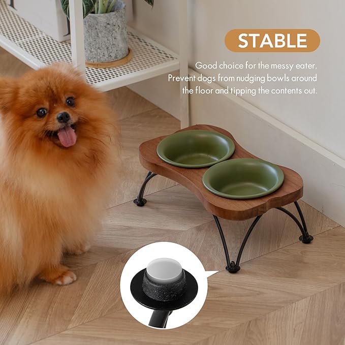 Ceramic 5.5-inch Raised Double-Bowl Set with Non-Slip Stand, 1 Cup Food or 9.5oz Water Dishes for Puppies and Cats, Wide Opening with Rounded Edges(Olive Green)