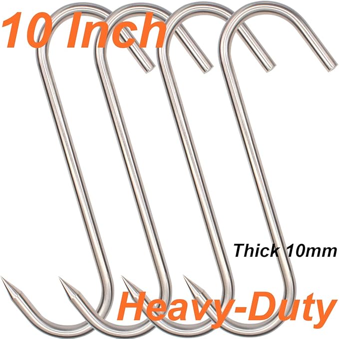 10 Inch Meat Hook, Heavy Duty 10mm S-Hooks Stainless Steel Meat Processing Butcher Hooks (10mm10inch)