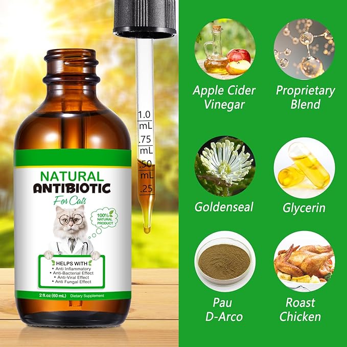 Antibiotics for Cats Supports Immune & Allergy Relief 60ml, Natural Cat Antibiotics Liquid Drops - Fast Absorption, Digestive Aid, Urinary Tract, Skin, Ear & Dental Infection.