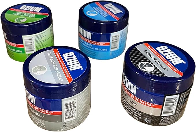 Ozium 4.5 Oz. Odor Eliminating Gel for Homes, Cars, Offices and More (Original + Carbon Black + Outdoor Essence + That New Car Smell), 4 Pack Variety