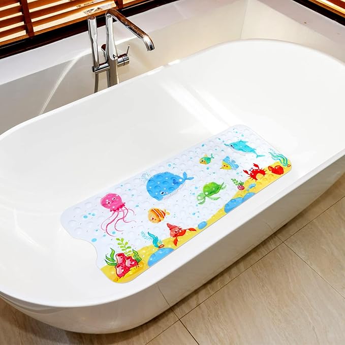 Bath Mat for Tub Non Slip, Machine Washable Anti-Slip Cartoon Baby Bathtub Shower Mat with Drain Holes and Suction Cups for Toddler & Kids, 40 Inch x 16 Inch-Rectangular, Little Whale