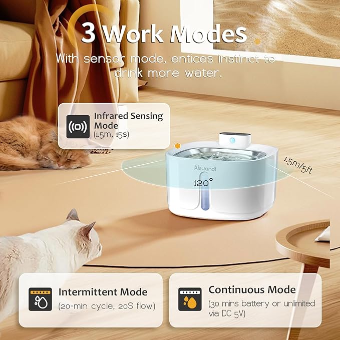 Cat Water Fountain for Drinking with Stainless Steel Lid, Pet Water Fountains 3.2L/108 OZ Automatic Water Dispenser Bowl with Filter Pump Spout for Indoor Pets, Rechargeable