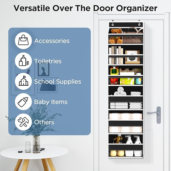 Over The Door Organizer, 6 Shelf Door Hanging Organizers with 6 Large Capacity Pockets, Behind Door Storage Hanging Shelves for Closet Wall Bathroom Bedroom Nursery