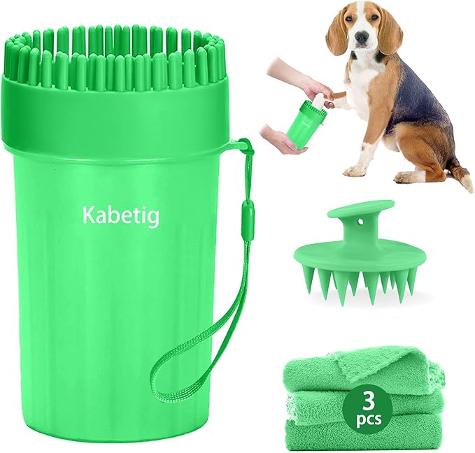 Kabetig Dog Paw Cleaner for Meduim/Small Breed Dogs with 3Pcs Absorbent Towels & Graspable Dog Bath Brush (Green, Medium)