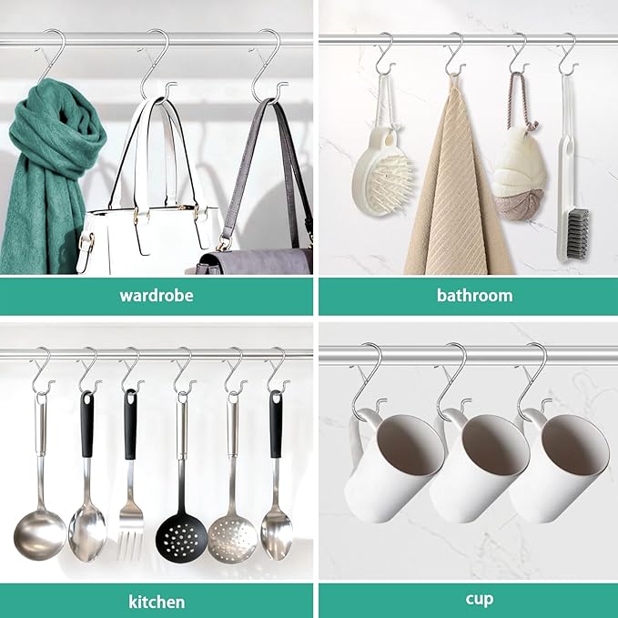 12PCS S Hooks for Hanging,3.5 Inch Heavy Duty Closet Hooks with Safety Buckle,Closet Hooks Hanging for Plants,Clothes,Kitchen Utensil,String Lights,Handbags,Belt, Hat, Cup, Tie (Silver)