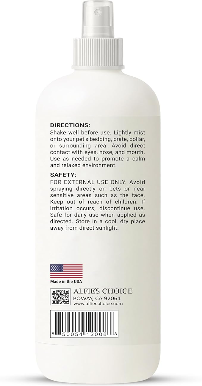 ALFIE'S CHOICE Pet Calming Aromatherapy Spray – Cat Calming Spray for Indoor Use & Travel – Dog Relaxation Mist with Essential Oils – Natural Scent for Grooming, Loud Noises – 8 fl oz