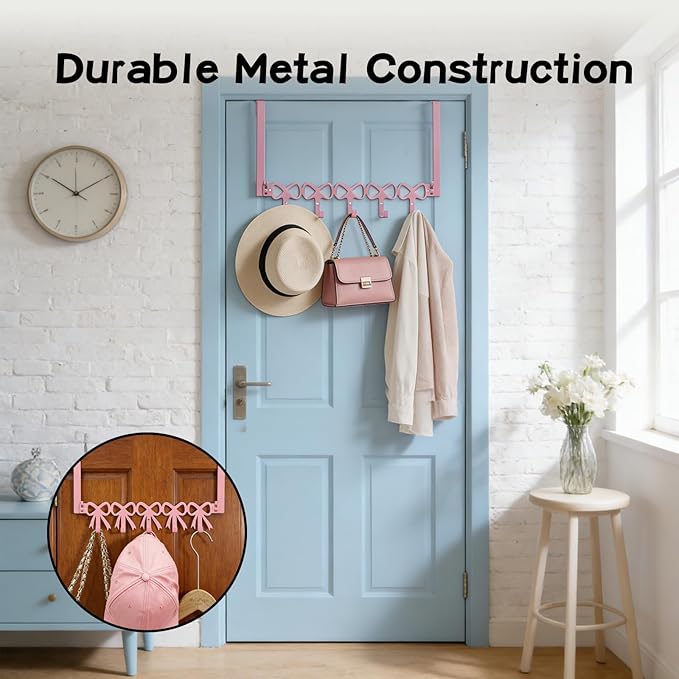 Over The Door Hooks, Bow Room Decor, Pink Bowknot Over The Door Hooks with 5 Hooks, for Bags, Towels, Hats, Keychains, Coats, Home Organizer