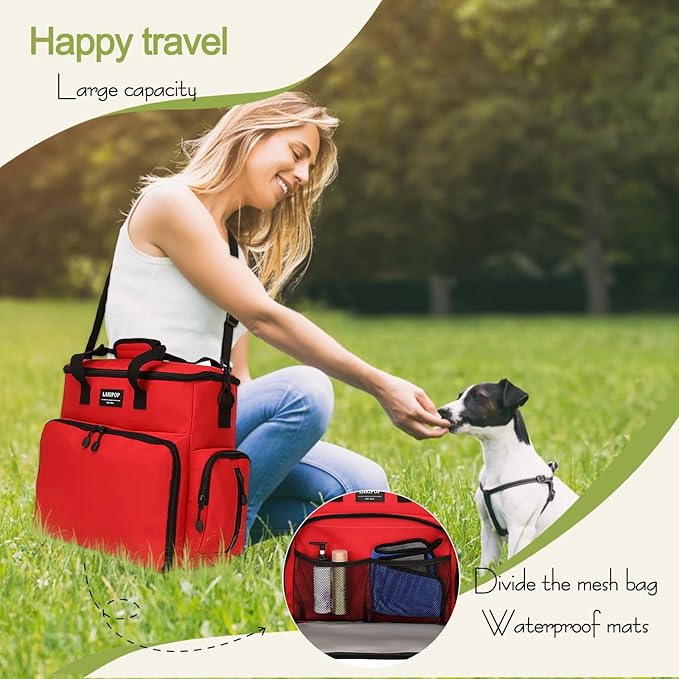 LARIPOP Dog Travel Bag, Pet Travel Bag (All Pet Travel Supplies), Include 2 Collapsible Bowls, 2 Dog Food Storage Containers and 1 Feeding Mat, Essential Kits for Pet Travel Red