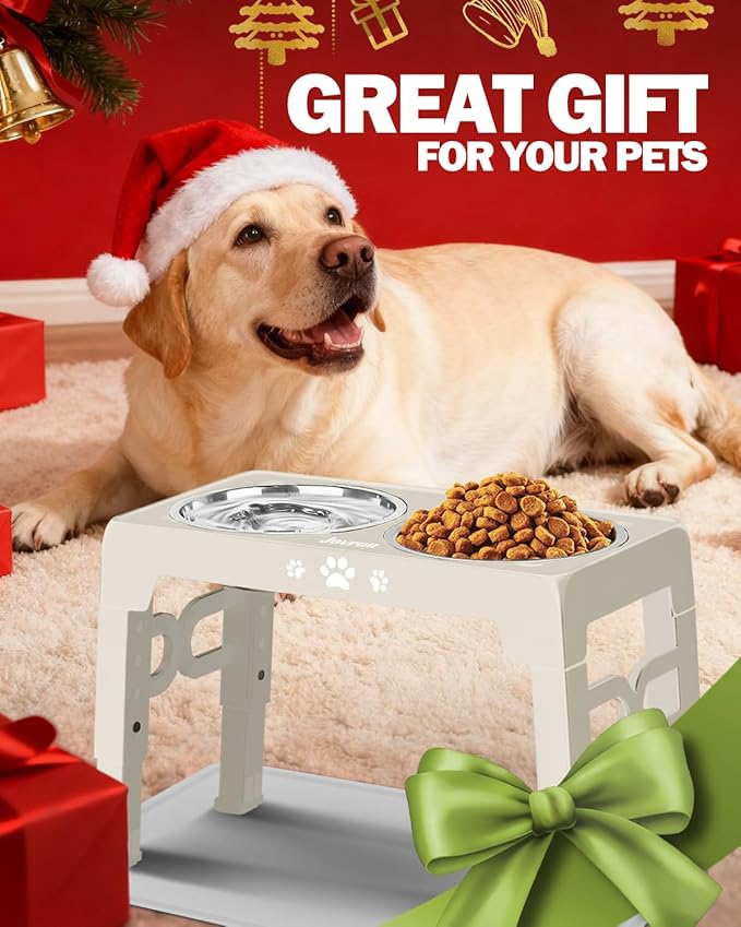 Jovrun Elevated Dog Bowls, Dog Feeder with Stainless Steel Dishes & Slow Feeder Bowl, 5 Heights Adjustable Raised Stand for Medium Large, Food Dishes with Non-Slip Feet