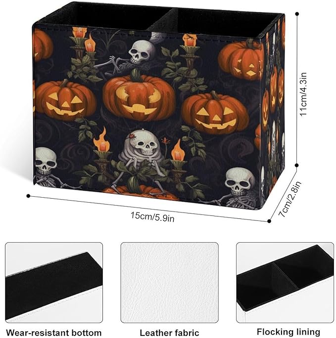 Famame Skull Pumpkins Pencil Holder for Desk, Leather Desktop Container Pen Cup Storage Study Table Pen Organizer Makeup Brush Holder for Classroom Office Home