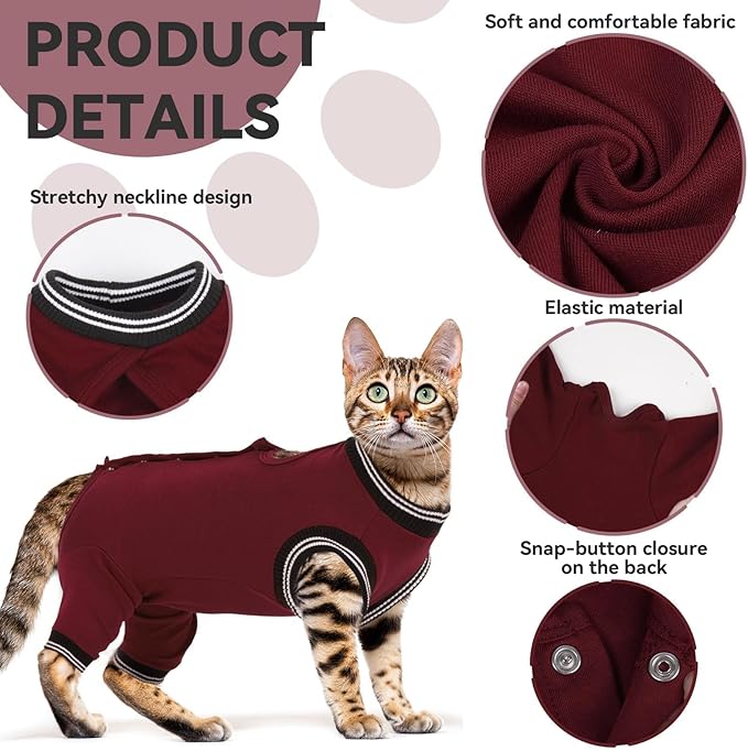 T'CHAQUE Cat Surgery Recovery Suit for Female Male, Cat Onesie Pet Surgical Pajamas Long Sleeve, Abdominal Wound Healing, E-Collar Alternative, Spay/Neuter Recovery Garment-Burgundy-S