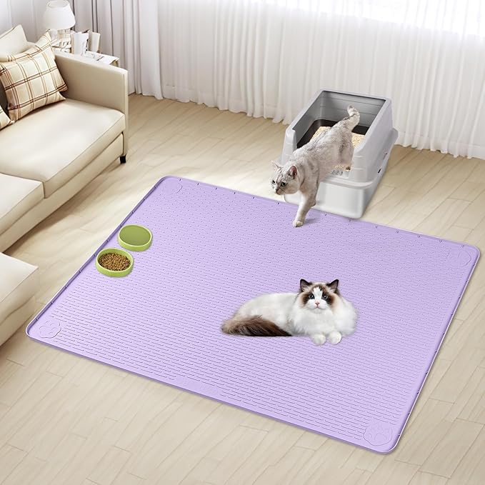 Bartuke Cat Litter Mat, XXL Extra Large 50" x 35" Silicone Mat Litter Trapping Mat for Scatter Control, Soft on Kitty Paws, Easy to Clean (Purple)