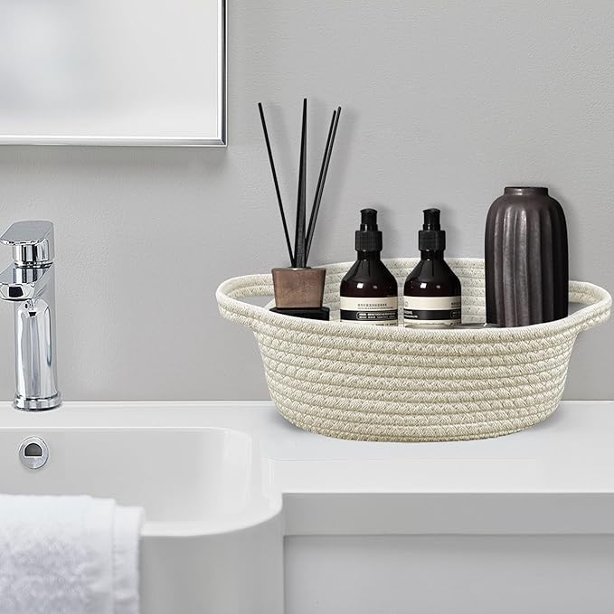 5-Piece White Rectangle Storage Basket Set, Woven Rope Sturdy Cotton Organizer Bins for Shelves, Pantry, Bathroom, Nursery & Bedroom Decor Small Organizer Bins (Beige)