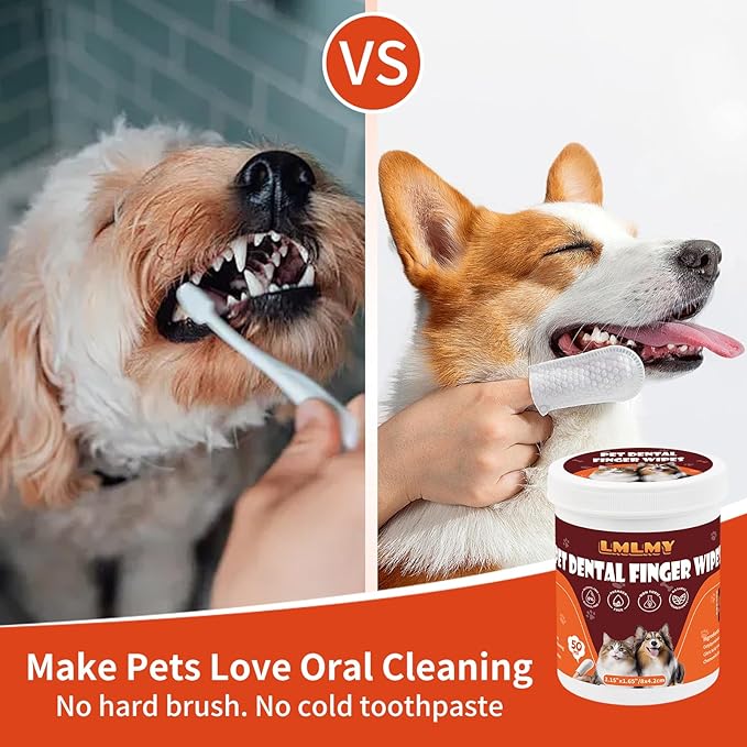 Dog Dental Wipes - Tooth Brushing Kit for Cats & Dogs - Dog Toothbrush Finger Dental Wipes to Remove Plaque & Tartar,Effective Teeth Cleaner (50PCS)