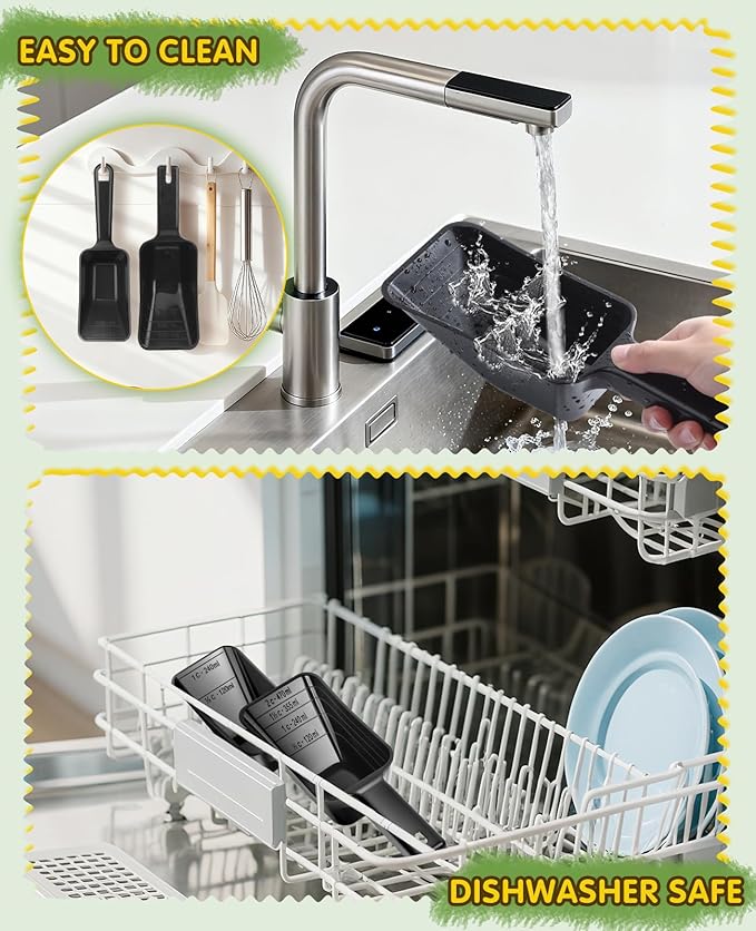 GNEOCO 2 Pack Dog Food Scoop with 1 Cup and 2 Cup Capacity, Plastic Pet Food Measuring Scoops with Clear Measurement Lines for Dogs, Cats & More,Dishwasher safe (Black)