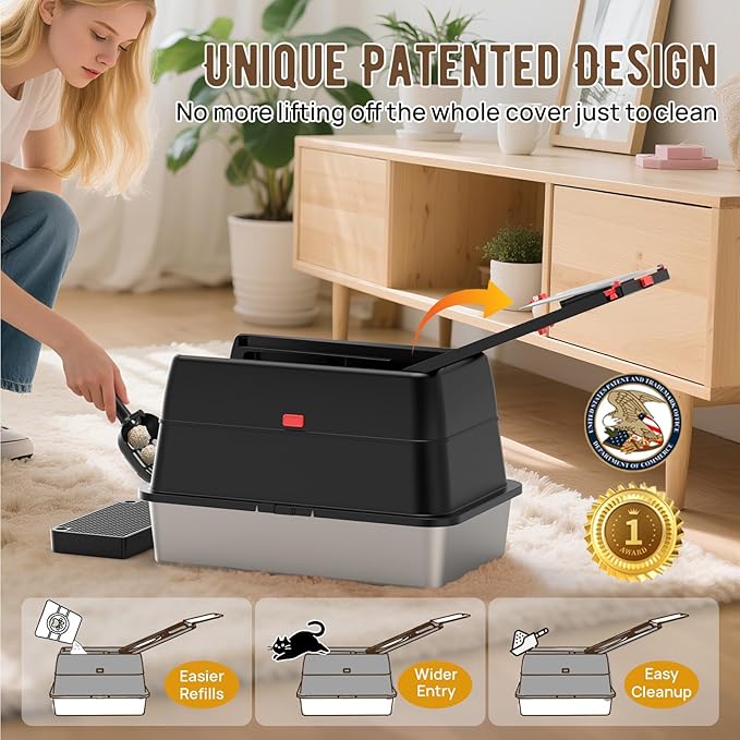 Stainless Steel Cat Litter Box with Lid, 180° Flip Top Kitty Litterbox, XL High Sided Enclosure Litter Pan for Big Cats, Front & Top Entry, Anti-Leakage, Odor-Free, Includes Scoop Mat, Black