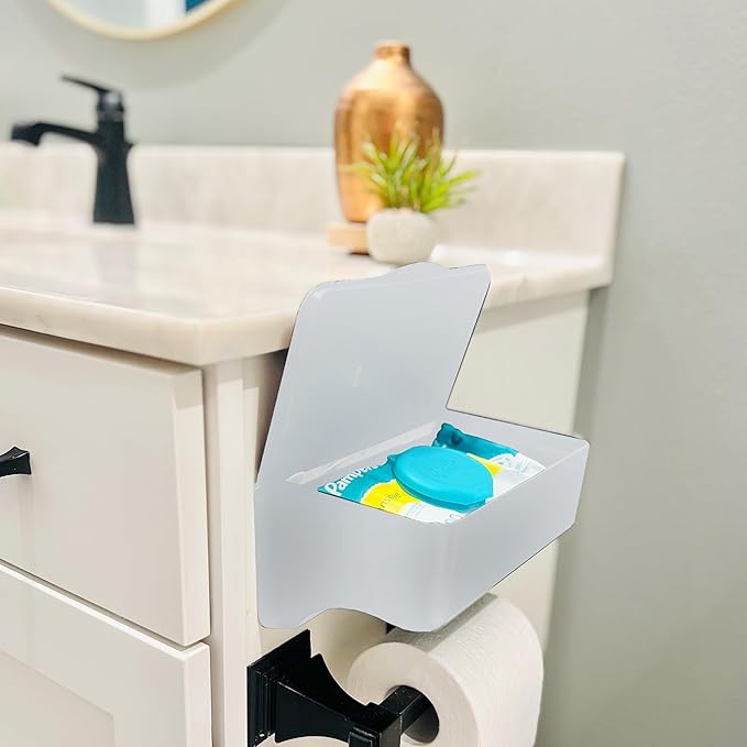 Storage Theory Bathroom Wipes Holder Dispenser with Shelf – Restroom Organizer & Wipe Holder for Bathroom – Tool Free Wall Mounted Baby Wipe Holder White, 1 Pack