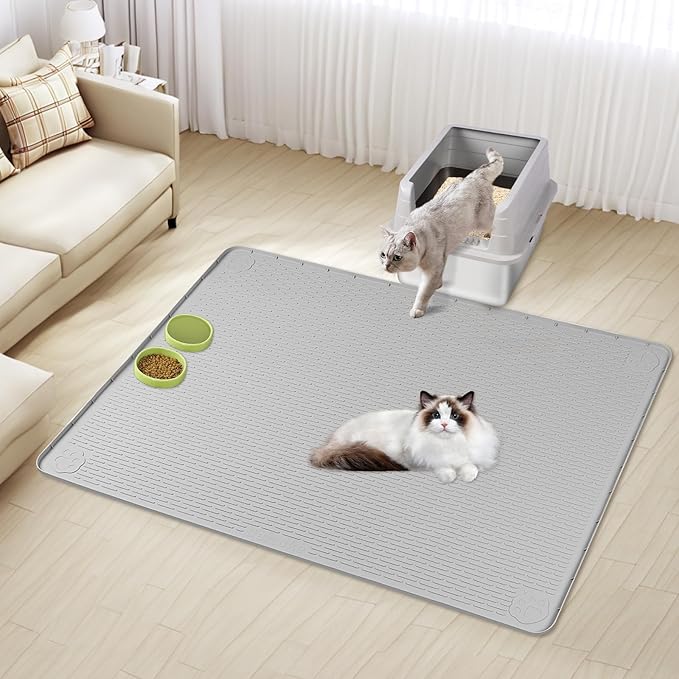 Bartuke Cat Litter Mat, XL Extra Large 40" x 40" Silicone Mat Litter Trapping Mat for Scatter Control, Soft on Kitty Paws, Easy to Clean (Light Grey)
