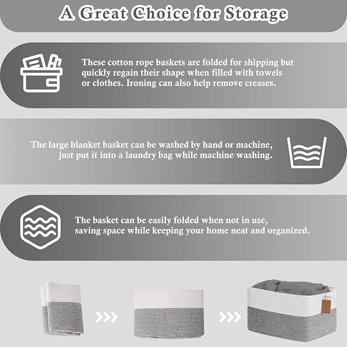 Goodpick Woven Storage Baskets for Organizing 22”x17”x12” Large Blanket Basket for Living Room Home Decor, Rectangle Rope Toy Basket for Kids, Gift Baskets Empty with Handles, Gray