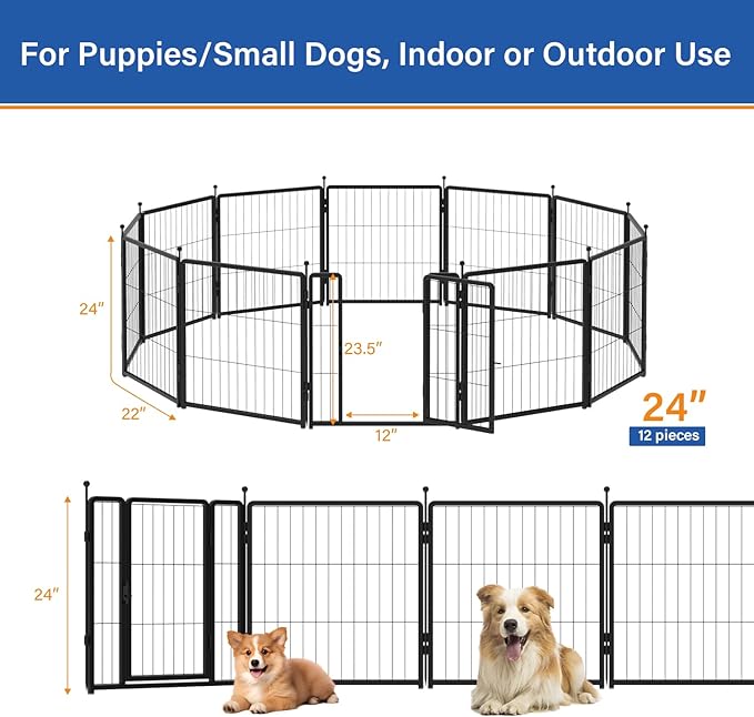 Dog Playpen 24 inch 12 Panels for Indoor & Outdoor Use – Heavy-Duty Metal Pet Fence with Ground Stakes, Rounded Ball Tops for Safety, Stable & Foldable Design, Easy to Assemble