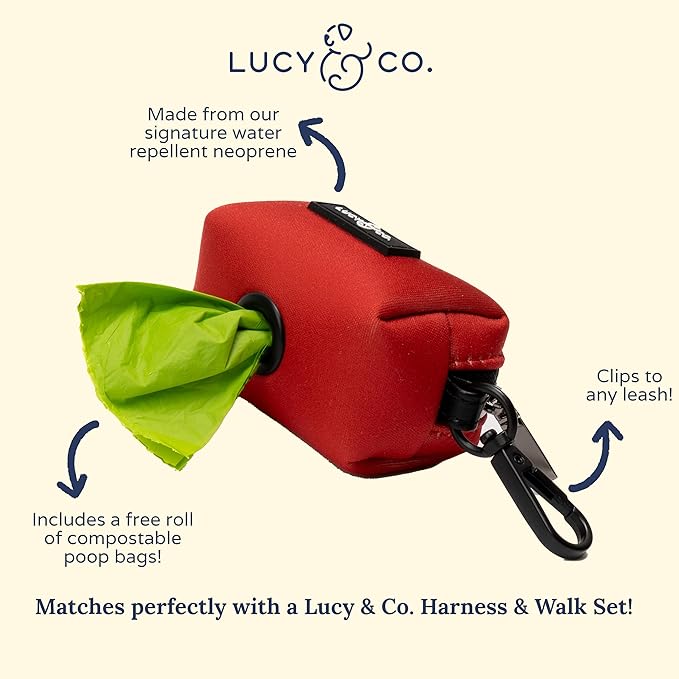Lucy & Co. Dog Poop Bag Holder - Leak Proof Dispenser with Leash Attachment - Easy Refills - Hygienic Pet Poop Pickup - Bright Red