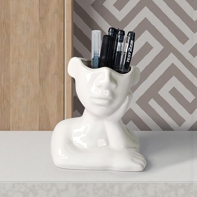 Ceramic Face Pen Holder Organizer, Female Form Face Pen Tools Storage Cup for Desk Accessories, Compact Pencil Holder for Desktop, Living Room, School, Home and Office Decor