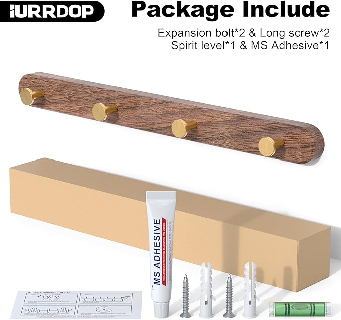 IURRDOP 16 Inch Walnut Wood Wall Mounted Coat Rack with 4 Golden Round Hooks, Adhesive Mounted Entryway Hooks, Modern Natural Wooden Pegs for Hanging Coat Clothes Hat Bag Purse Key and Towel