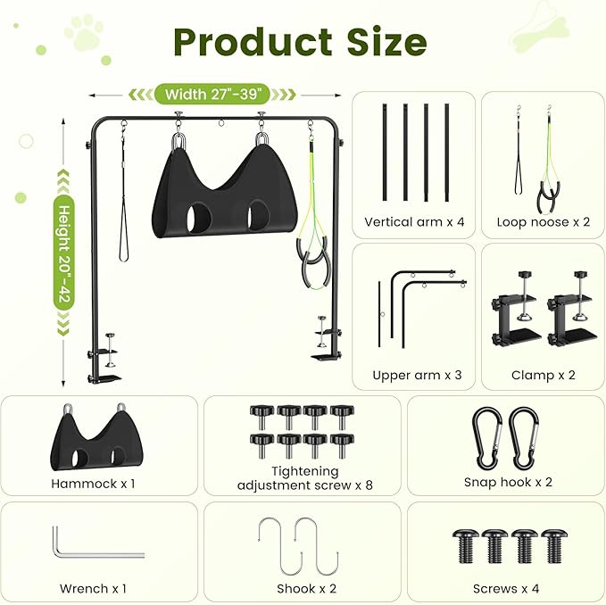 Dog Grooming Arm with Hammock & 2 Nooses - Adjustable Table Arm Height 20''-42'', Width 27''-39'', Table Clamp Up to 2.76'' Thickness, Pet Grooming Table Arm for Small Medium Breeds Up 70IB, Stable