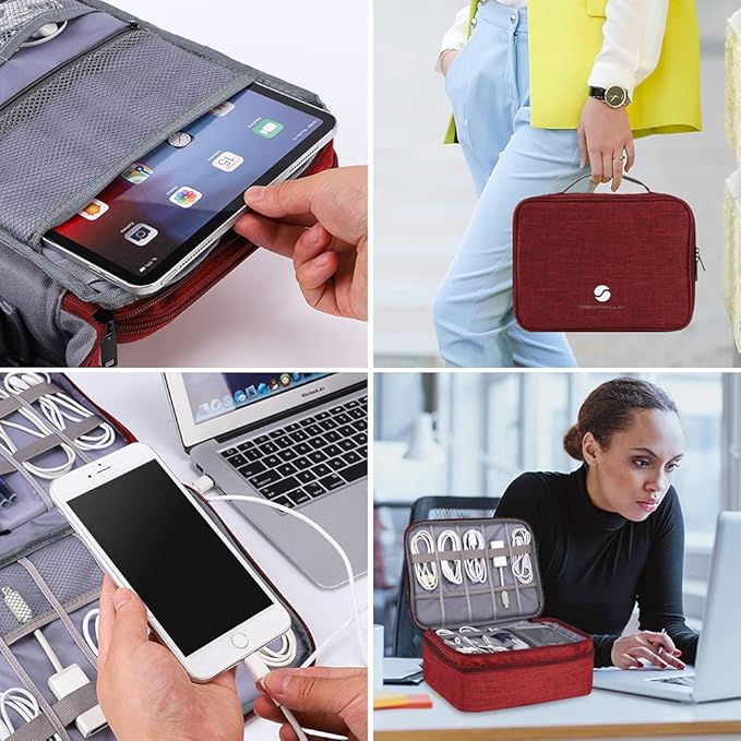 ORIENT FAMULAY Travel Electronics Organizer, Waterproof Cable Organizer Bag for Electronic Accessories Double Layer Large Shockproof Cable Storage Bag for Cord, Power Bank, Tablet(Up to iPad 11 inch) - Wine Red