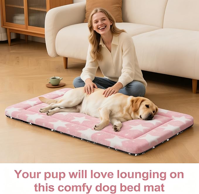 Fogkiss Dog Bed Mat, Reversible Crate Pad & Durable Dog Bed - Machine Washable Kennel Mat with Ultra Soft for Large Dogs (Big&Small Stars Pink, 35" L*23" W*1.5" Th)