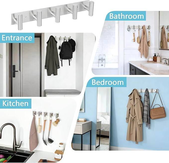 Alise Towel Hooks Towel Robe Coat Hook Rail with 5 Hooks Wall Mount Key Hooks for Coat Hat Towel Purse Robes Bathroom,SUS304 Stainless Steel Wall Hooks Self Adhesive and Drilling,Brushed