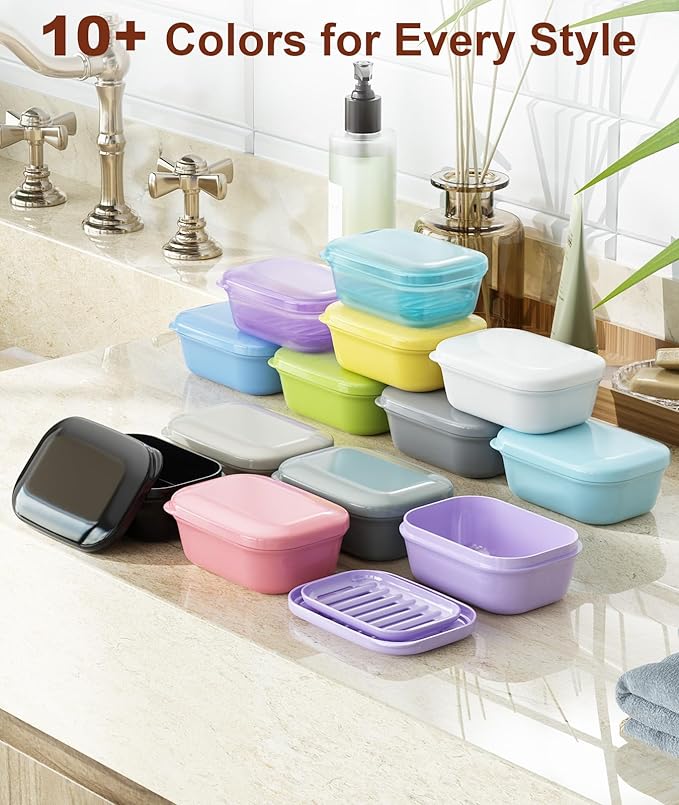 Quatish Leakproof Soap Dish with Lid & Draining Layer, Shatterproof Travel Bar Soap Holder Case Container, Portable Travel Size Toiletries Essentials for Camping, Gym, Bathroom, Black